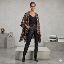 Bobbie Brooks Women Animal Print Cotton Kimono Cardigan Tassel Fringe One Size