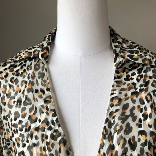 Vintage Silk Rayon Leopard Print Wrap Ruffle Blouse S - Picture 7 of 12