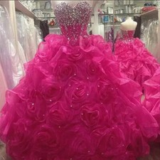 Luxury Tulle Hot Pink Beaded Quinceanera Dresses Ball Gowns Sweetheart Sweet 16