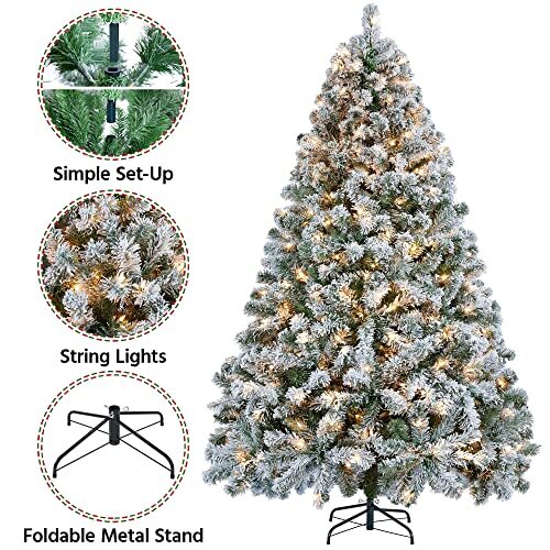6ft Artificial Christmas Tree with White Lights, Snow Flocked Xmas Tree