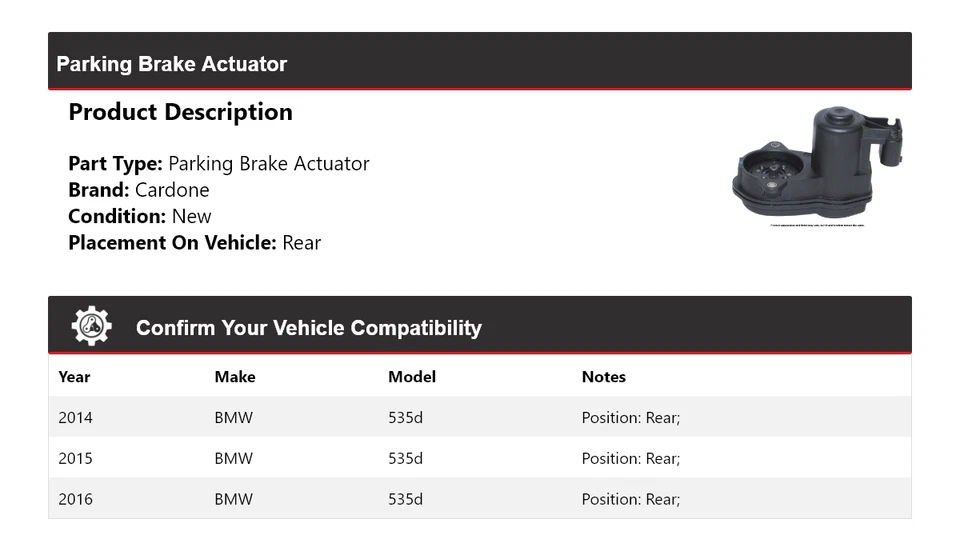 Actuador de freno de estacionamiento trasero Cardone 2015 para BMW 535d 2014-2016 Foto 2 de 4