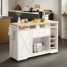 47" Rolling Kitchen Island with Power Outlet & Wine Storage Glass Holder Drawer