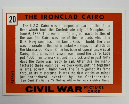 Tarjeta fotográfica de la Guerra Civil 1965 reimpresión única #20 The Ironclad Cairo - Imagen 2 de 2