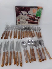 New 33 pc Partial Set-Stainless Steel Flatware-Wood Handles-Old Homestead