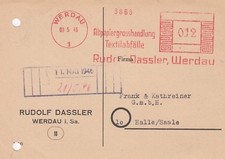 WERDAU, Postkarte 1946, Rudolf Dassler Altpapier-Grosshandlung Textilabfälle