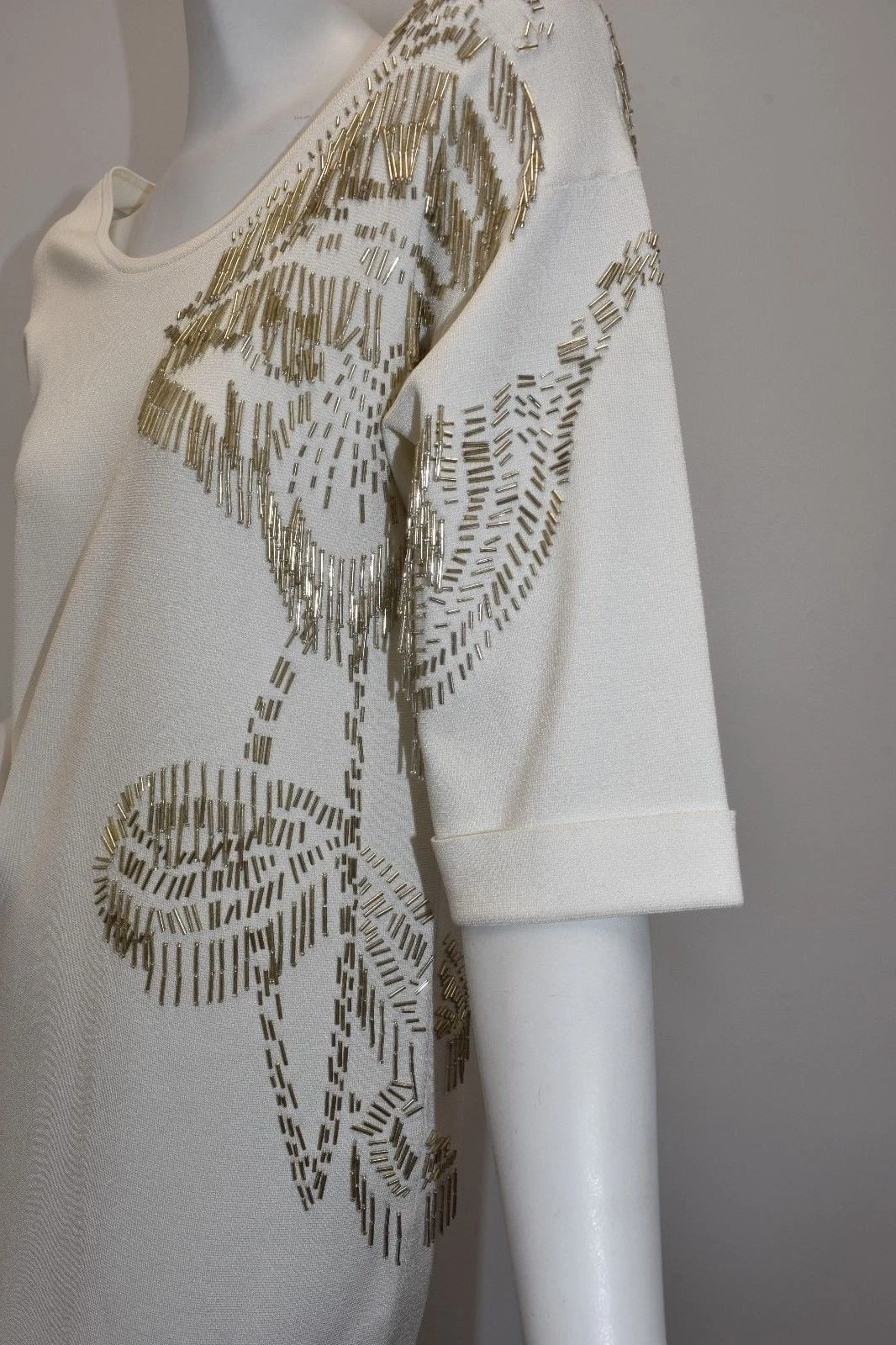 OFF WHITE Abito $2095 NUOVO ESCADA DINAR Maxi Off Bianco Viscosa ORO Perline S