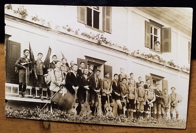 Group of Boys with Lute Guitar Flag at House - Migratory Bird? / Photo