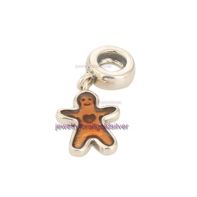Sterling Silver 925 European Charm Dangle Gingerbread Man with Heart Bead