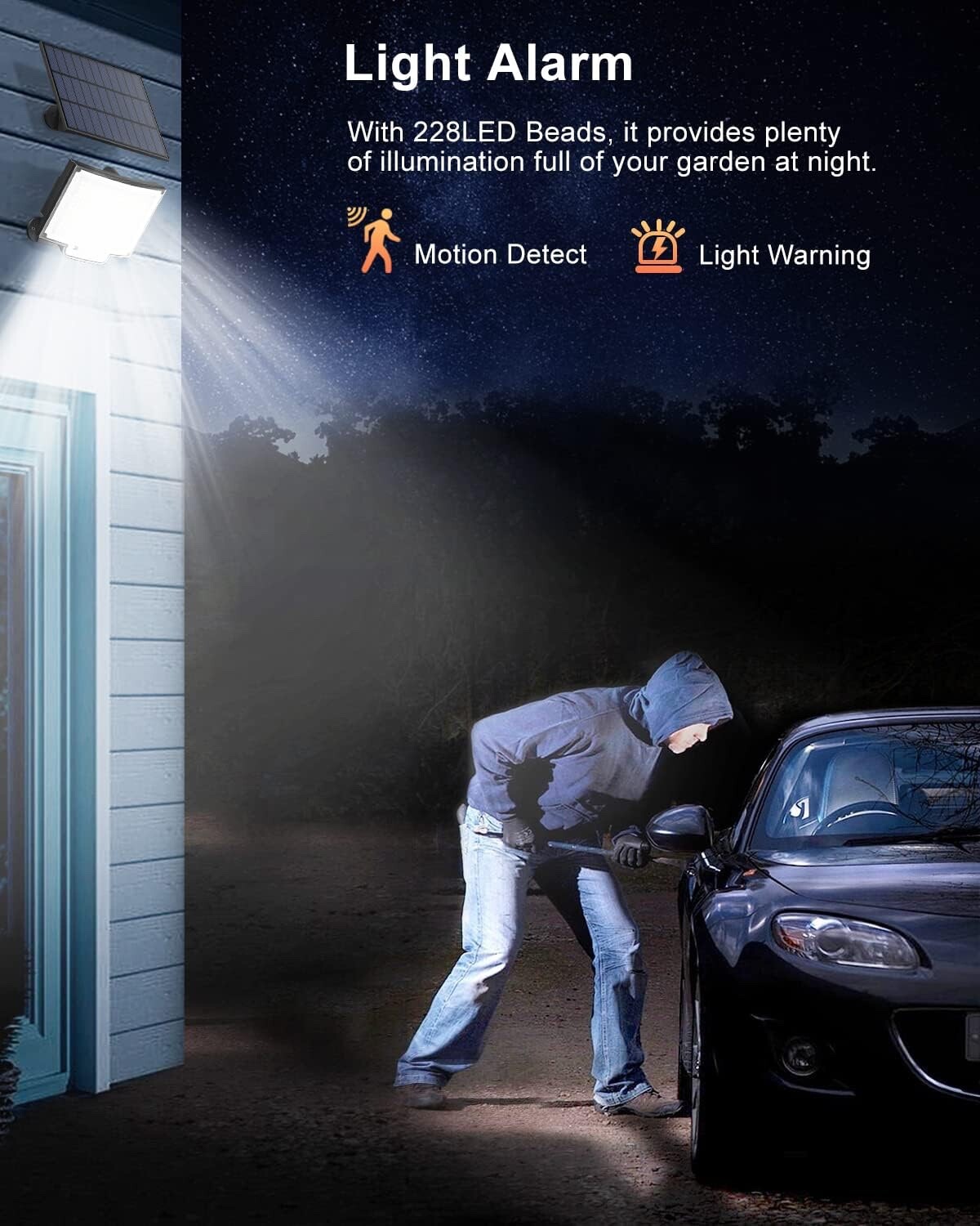 Luce Solare Esterno 228 LED Con Sensore Movimento - Impermeabile IP65, Telecomando, Cavo 5m Per Giardino