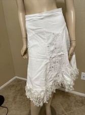 Women  s White Denim Cotton Casual Boho Beaded Embroidery Size S 4-6 Skirt 3285