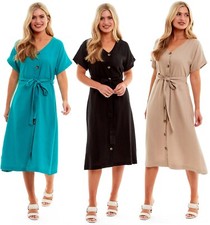 Womens Button Up Boho Midi Dress Ladies Summer Holiday Beach Kaftan Sundress