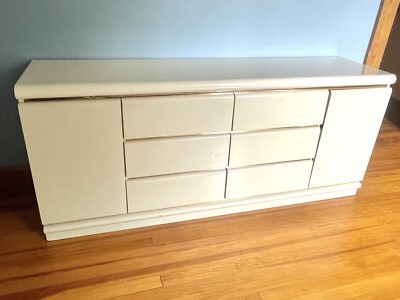 Broyhill 1980s Sleek, Retro Long Dresser, Laminate White with Gold, 70" Wide  | eBay