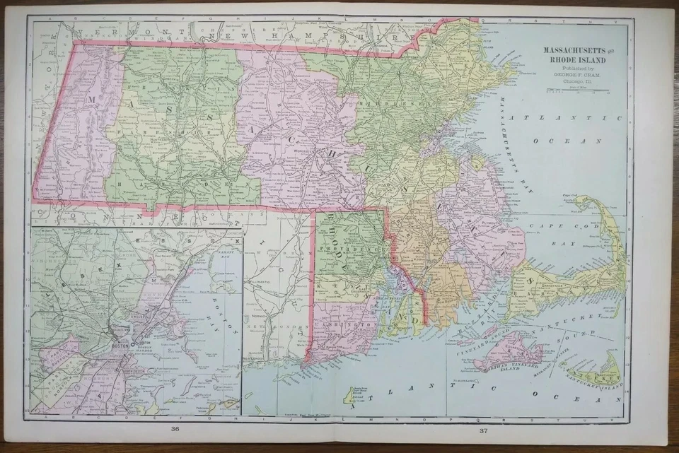 Mapa de colección 1901 de Massachusetts Rhode Island 22"x14" antiguo original Boston Foto 2 de 4
