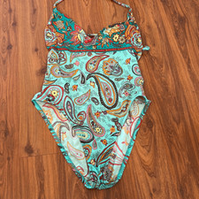 Vintage Ralph Lauren sport Paisley turquoise one piece swimsuit high cut size 10
