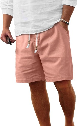 Men's Linen Shorts Elastic Waist Drawstring with Pockets Casual Summer Beach - Picture 19 of 27