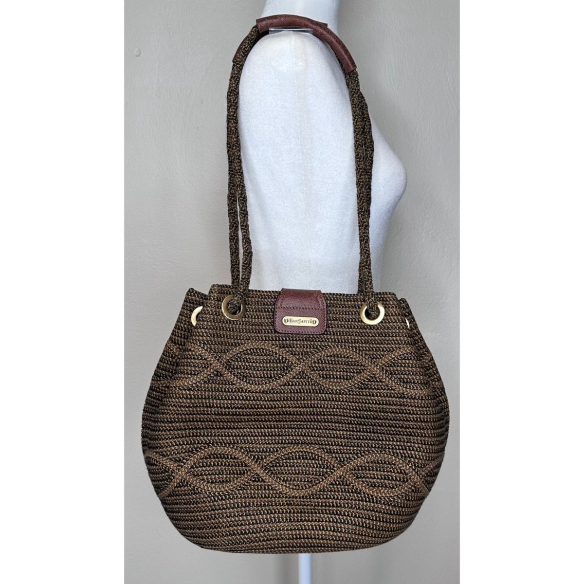 Eric Javits Raffia Shoulder Bag Woven Braided Black Brown Leather