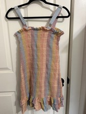 American Eagle Ruffle Pastel Rainbow Striped Smocked Mini Dress Size Small 