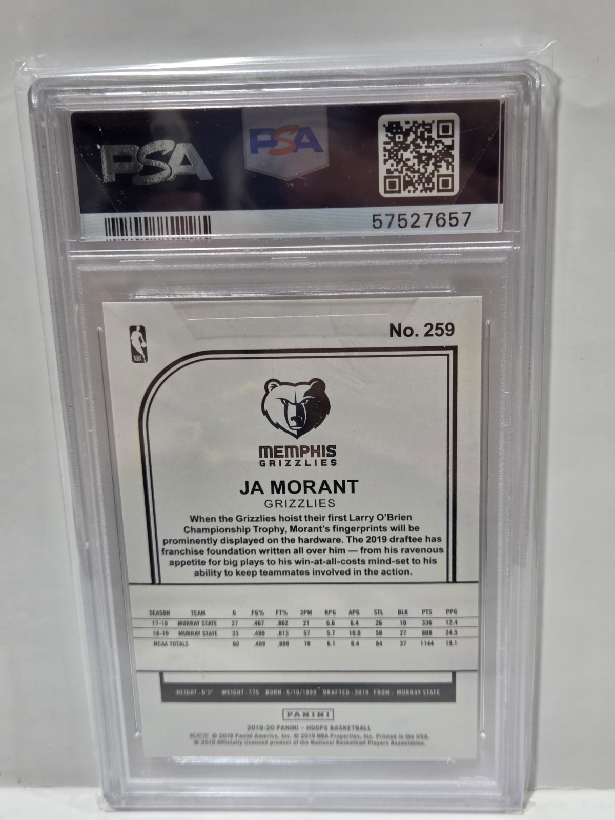 2019 Hoops Ja Morant PSA 10 Gem Mint #259 view 2