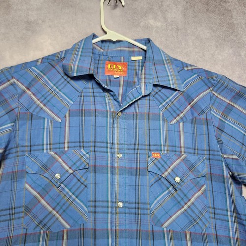 Vintage Ely Plains Shirt Mens Medium Plaid Western Pearl Snap Short Sleeve Blue - Picture 3 of 12