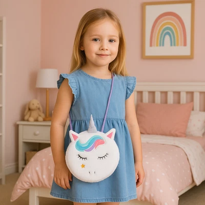 CHIT CHAT Girls Soft Fluffy Unicorn Handbag Shoulder Makeup Bag Chldrens Carry Case