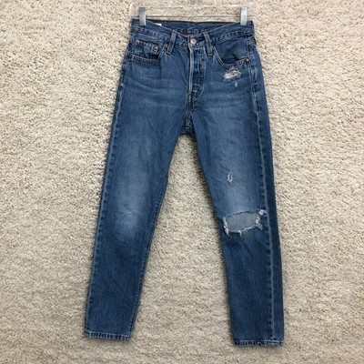 Levis 501 S Jeans 25x28 Mens Blue Premium Denim Skinny Button Fly Distressed