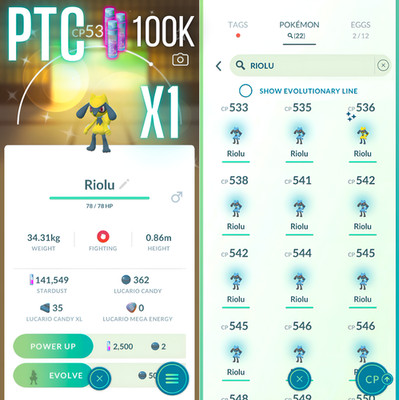 Shiny Riolu, +15 riolus | mini PTC 100K Stardust | Go  