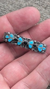 Old Fred Harvey Era Zuni Sterling Silver Turquoise Onyx Flush Inlay Tie Clip