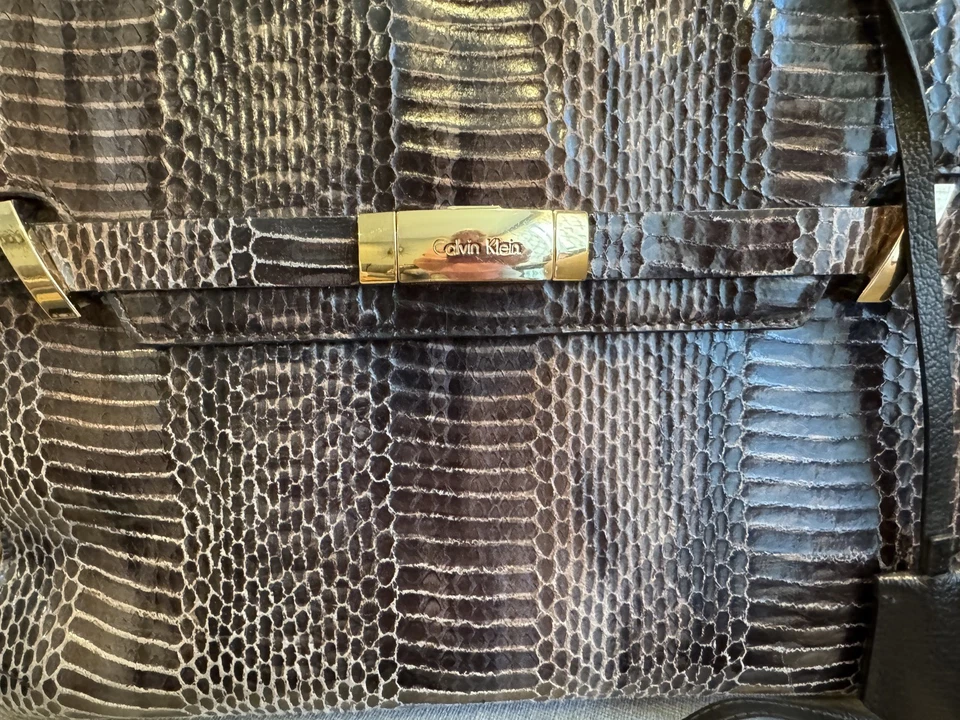 Calvin Klein Purse Handbag Bag Croc Embossed Brown Black Gray - Image 3 of 4