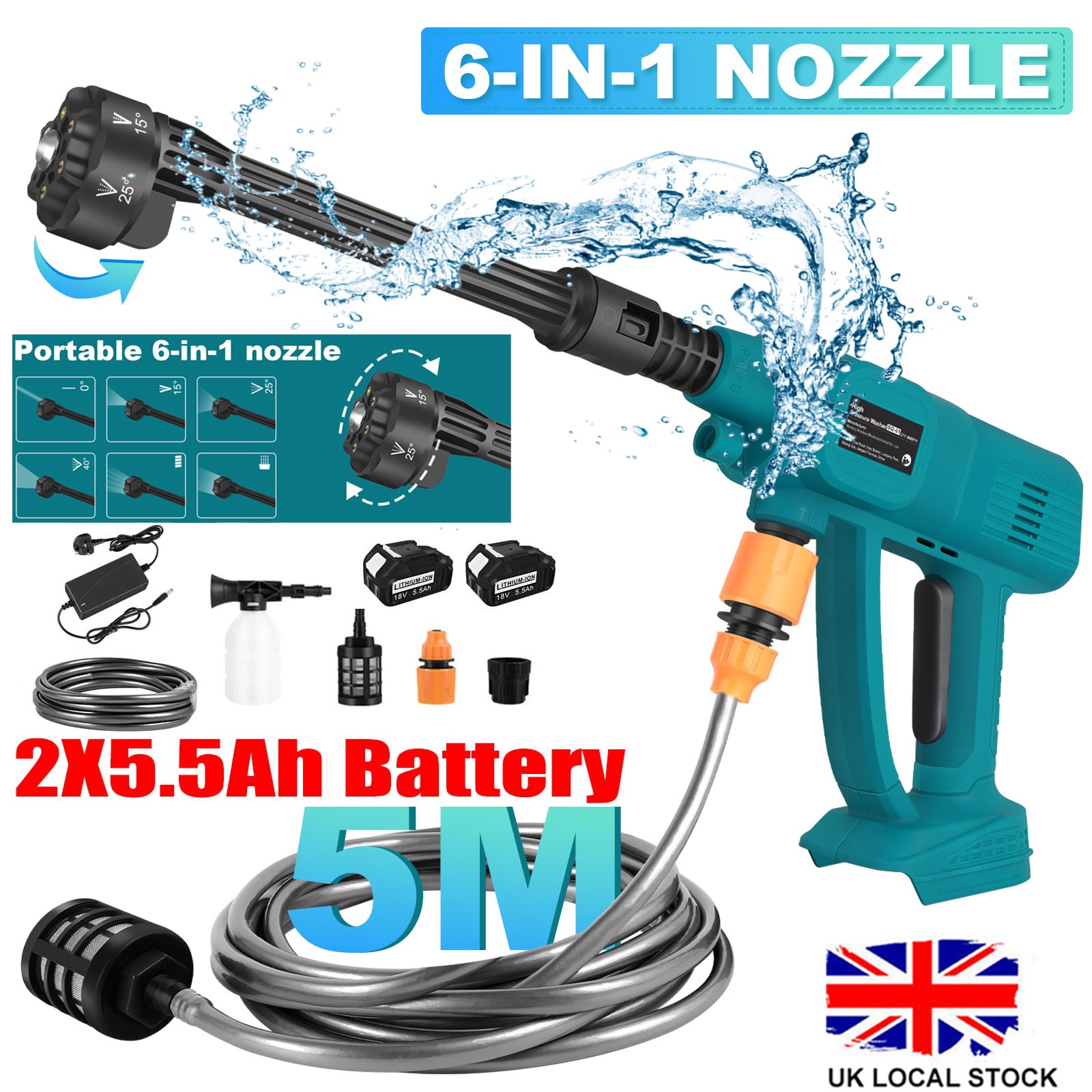 Cordless Pressure Washer Battery for Makita 18V Portable Car Jet Wash Cleaner UK