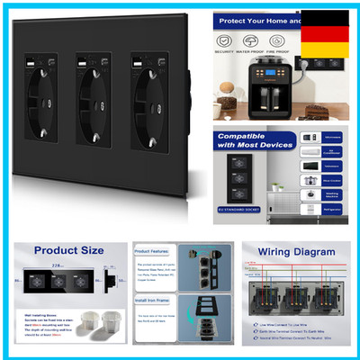 BSEED Triple Schuko Wand Steckdose mit USB & Typ C Glas 3 in 1 Unterputz