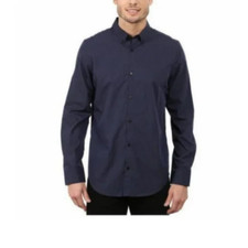 Calvin Klein Mens Striped Long Sleeves Dress Shirt in Peacoat Blue Size Large