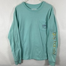 Guy Harvey Long Sleeve T Shirt Mens Medium Light Blue Boat Sunset Graphic Pocket