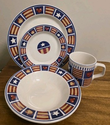 15pc TIENSHAN AMERICANA Plates, Bowls, Mugs PATRIOTIC STARS STRIPES 4th July Vtg