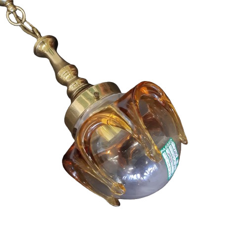 Vintage Mid Century Amber Hand Blown Glass Pendant Light Brass Hanging Ceiling image 3
