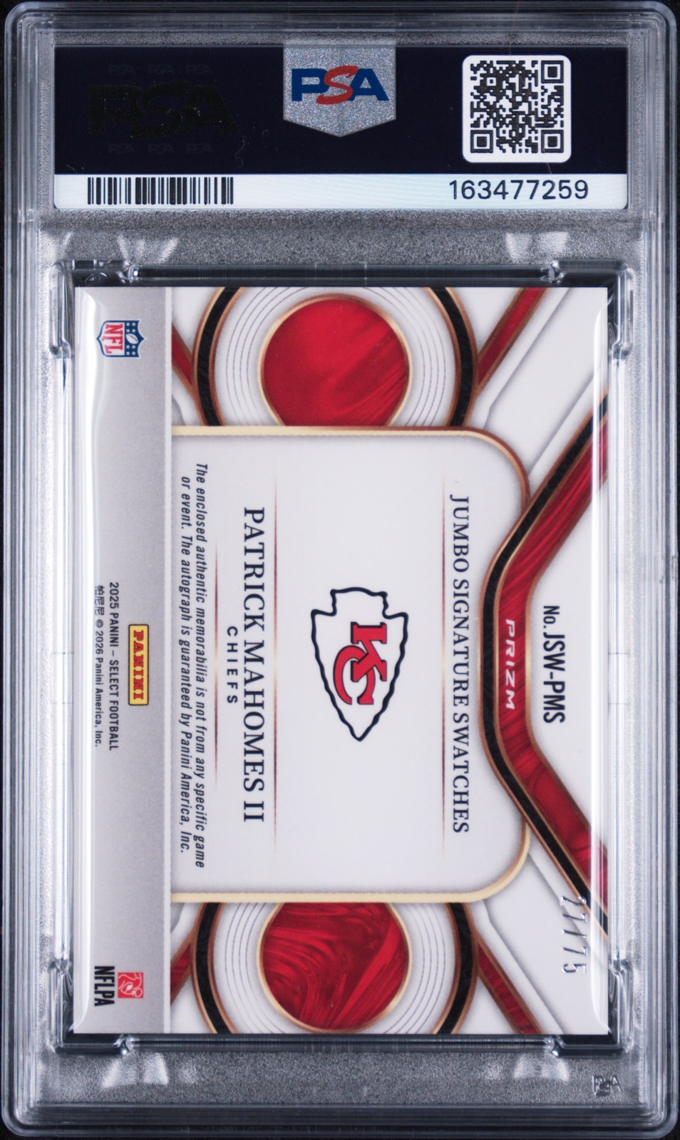 2025 PANINI SELECT JUMBO SIGNATURE SWATCHES PATRICK MAHOMES II /75 PSA 8 AUTO 10 view 2