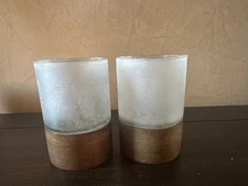Pottery Barn Frosted Glass Votive Top w/ Natural Wood Base Candle Holders Set 2