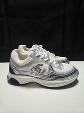 CHANEL CC Logo Sneakers White Silver Mesh Low...