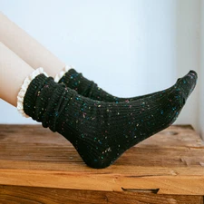 3 Pairs Women Mori Socks Knit Slouch Lace Edge Stretchy Spots Hosiery Preppy