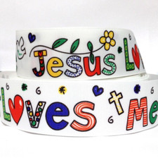 GROSGRAIN RIBBON 5/8", 7/8", 1.5" 3" Jesus Loves Me Religious Hearts Printed