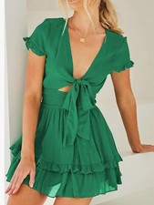 Miduo Womens Dress Summer Casual V Neck Tie Wrap High Waist Short Ruffle -Medium