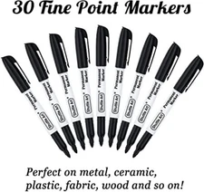 Fine Point Black Permanent Marker works on Plastic Wood, Stone, Glass, 30 Pack
