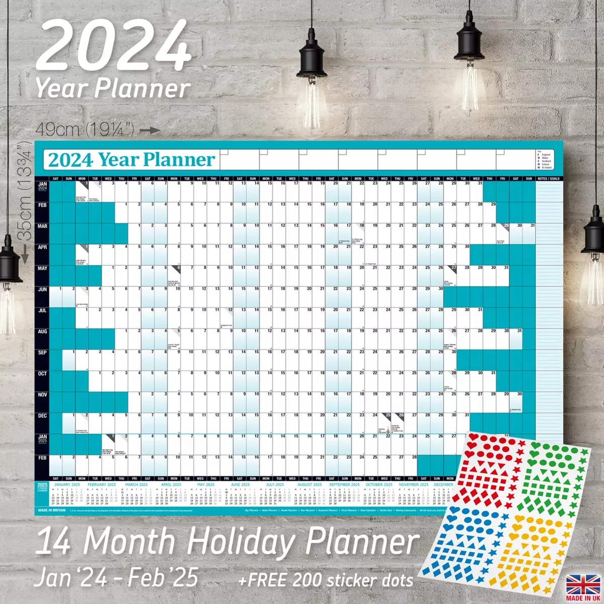 2024 Year Planner Wall Chart with 2024 Calendar ✓B3 size TEAL +FREE 200  Stickers