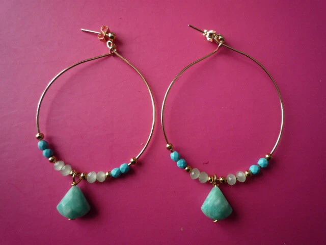 SUPERBES CREOLES CLOUS "CLIO BLUE" DORE/TURQUOISE///NEUF - Photo 1/1