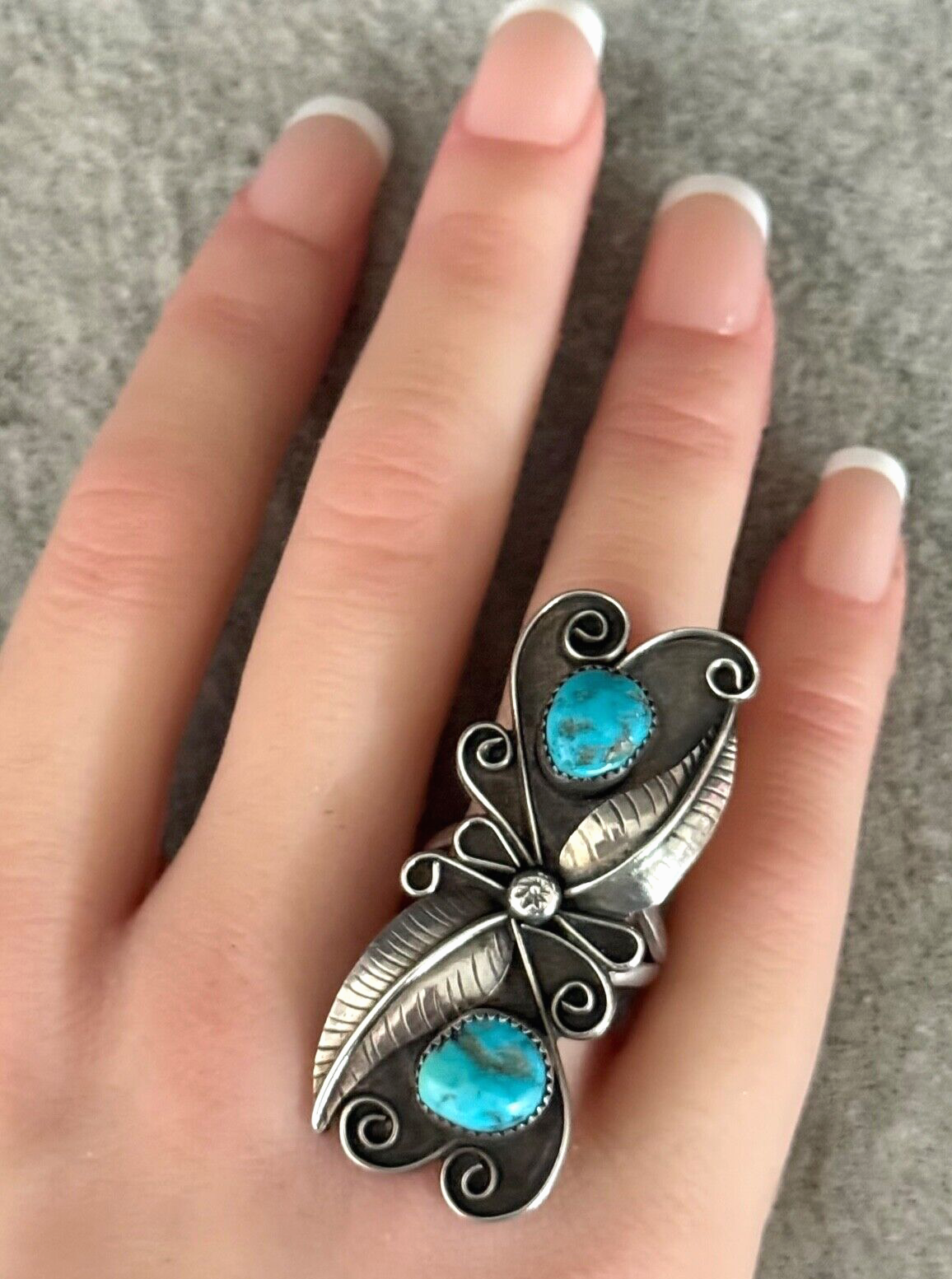 Vintage Native American Navajo S THOMPSON Turquoise Sterling LONG RING 7.5