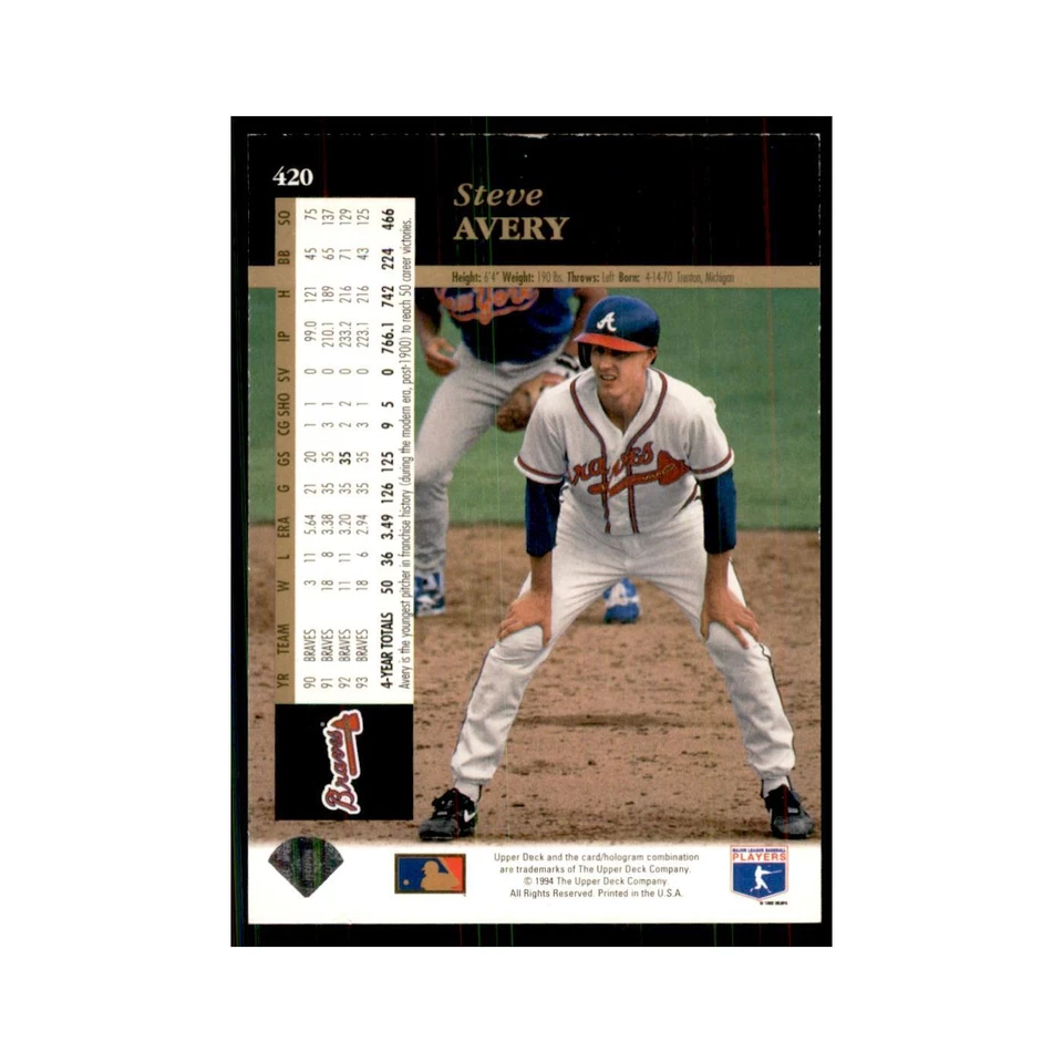 1994 Upper Deck Electric Diamond Steve Avery Baseball Cards #420 - Image 2 of 3