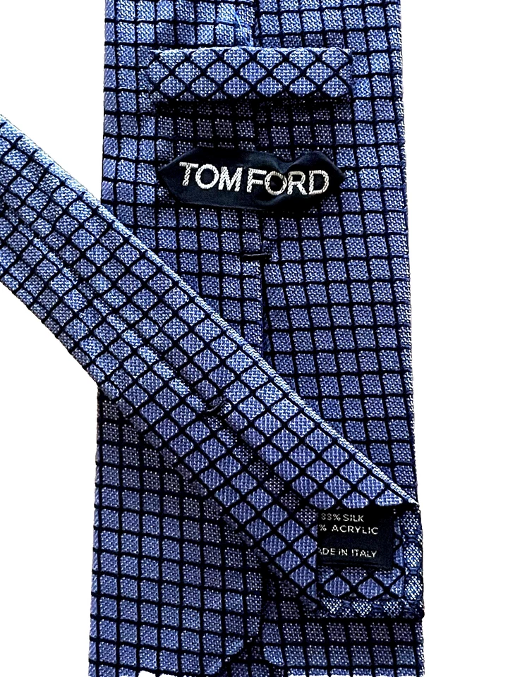 $250 NUEVO SIN ETIQUETAS TOM FORD Corbata de cuello acrílico seda azul oscuro a cuadros para hombre 3,9" Italia Foto 4 de 4