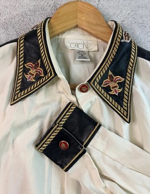 VTG Cache 100% Silk Ivory Blouse W/ Black Leather And Bead Accents Fleur De Lis