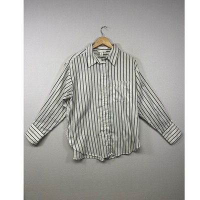 Dark Academia H&M Womens Size M White Black Striped Button Down Pocket Shirt
