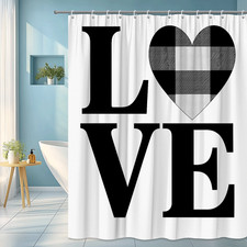 Black and White Love Heart Shower Curtain - Modern Farmhouse Decor