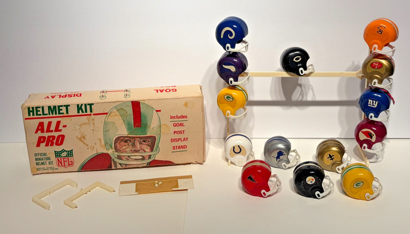 Vintage 1960's Mini Football Helmets & Stand & Box by Orange Products Complete